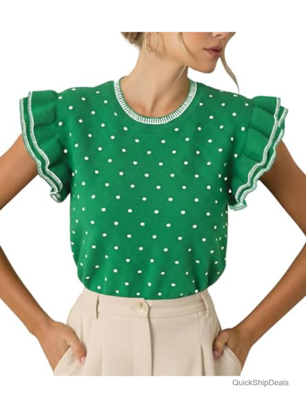 Women's Short Sleeve Polka Dot Ruffle Knit Sweater Pullover